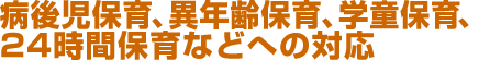 病後児保育、異年齢保育、学童保育、24時間保育など